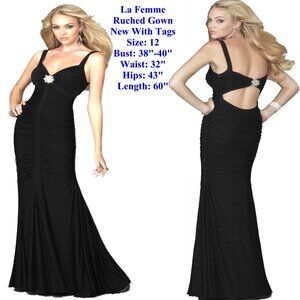 NWT: La Femme Sexy Ruched Black Evening Gown / Formal Long Dress